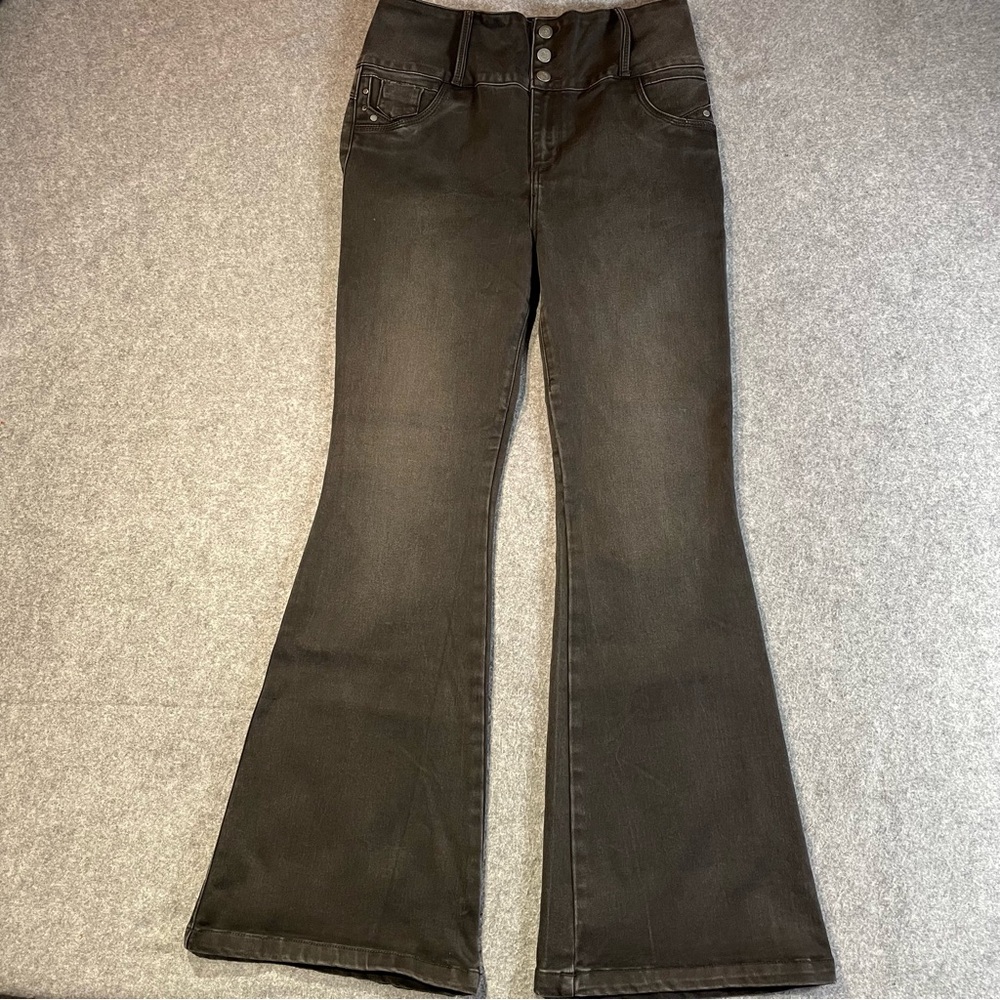 Tissini Colombian Flared Jeans Women Sz 11 Tall Black Medium Wash Stretch Denim